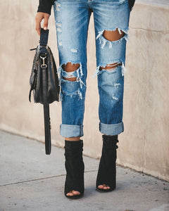 Mid Waist Ripped Skinny Boyfriend Jeans