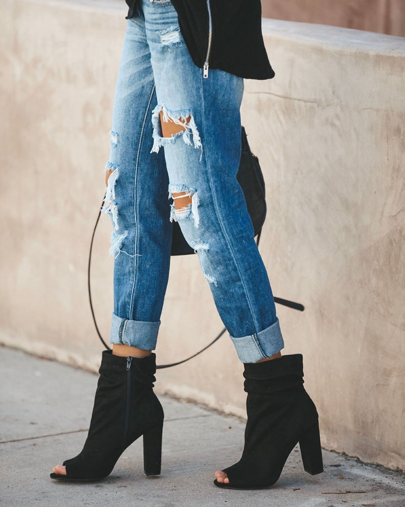 Mid Waist Ripped Skinny Boyfriend Jeans