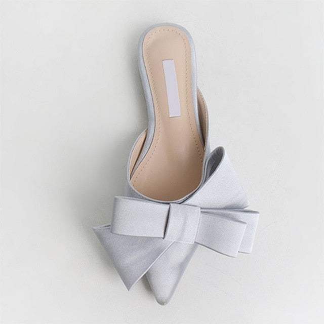 Satin Pointed Bow Tie Flat Mules