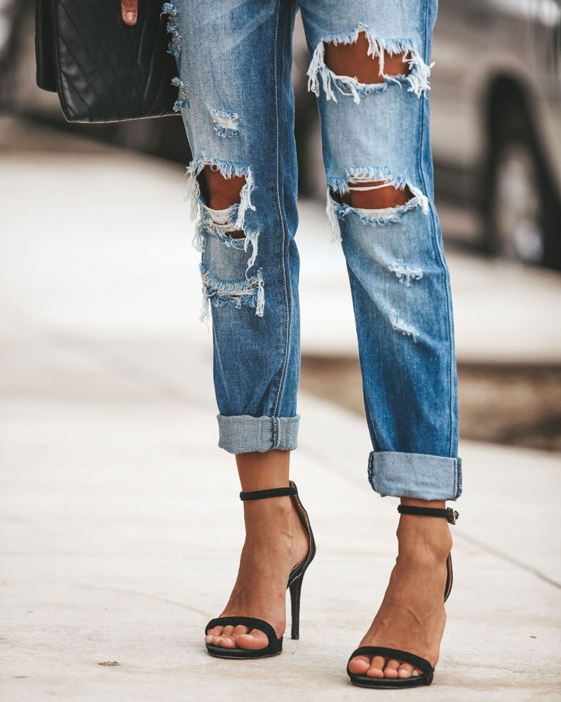 Mid Waist Ripped Skinny Boyfriend Jeans