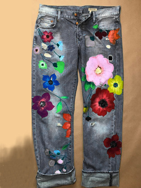 Flower Printed High Waisted Fashion Jeans